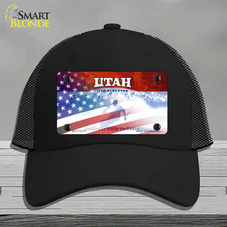 Utah with American Flag Novelty License Plate Hat Mesh / Black