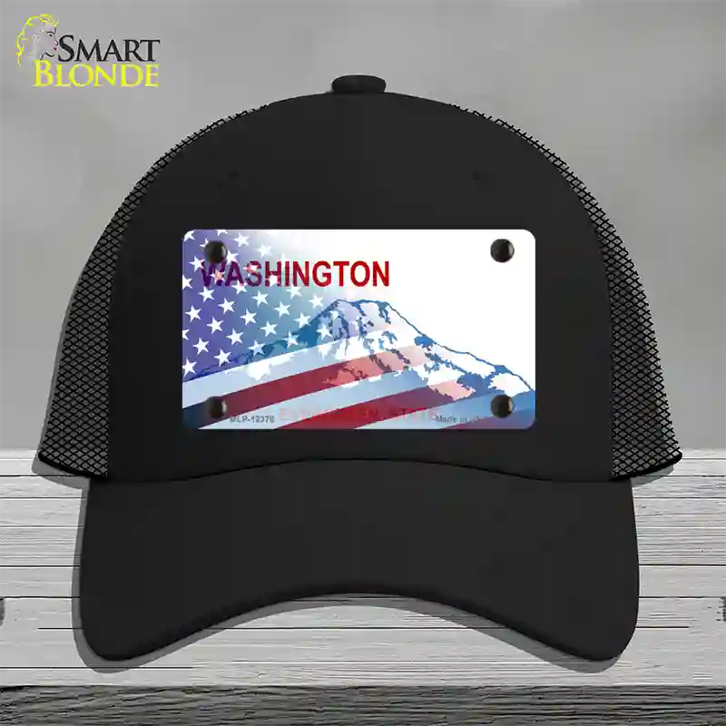 Washington with American Flag Novelty License Plate Hat Mesh / Black