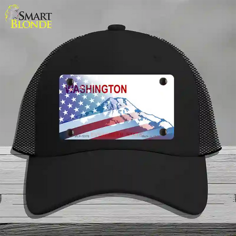 Washington with American Flag Novelty License Plate Hat Mesh / Black