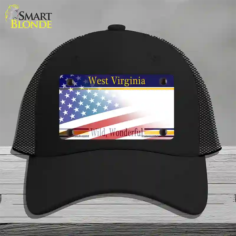 West Virginia with American Flag Novelty License Plate Hat Mesh / Black