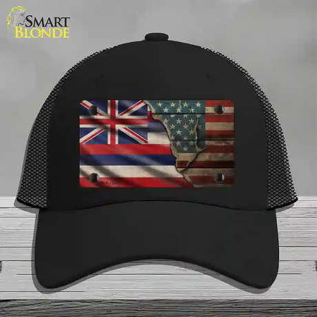 Hawaii/American Flag Novelty License Plate Hat Mesh / Black