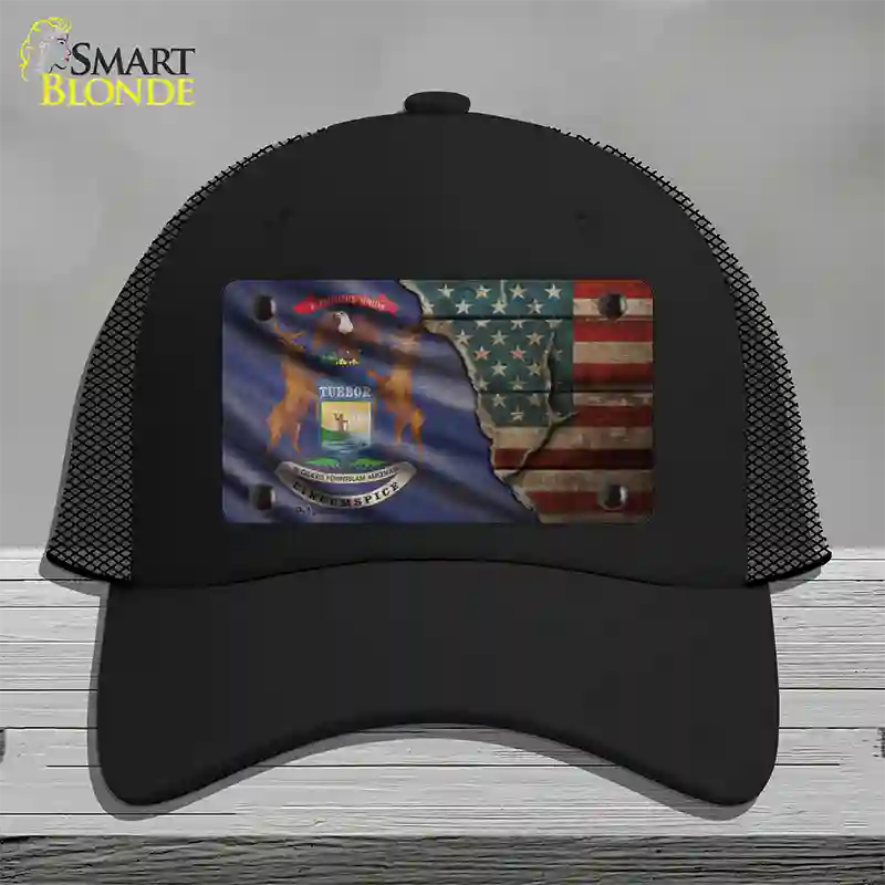 Michigan/American Flag Novelty License Plate Hat Mesh / Black