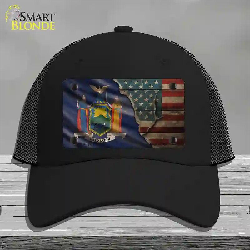 New York/American Flag Novelty License Plate Hat Mesh / Black