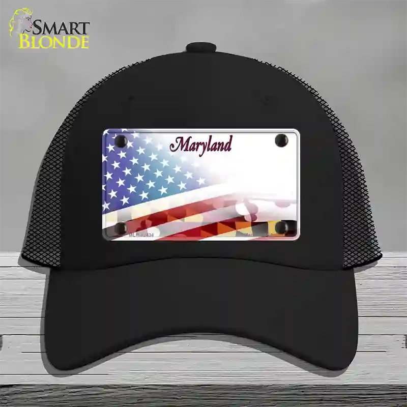 Maryland State with American Flag Novelty License Plate Hat Mesh / Black