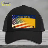 New York Yellow with American Flag Novelty License Plate Hat Mesh / Black