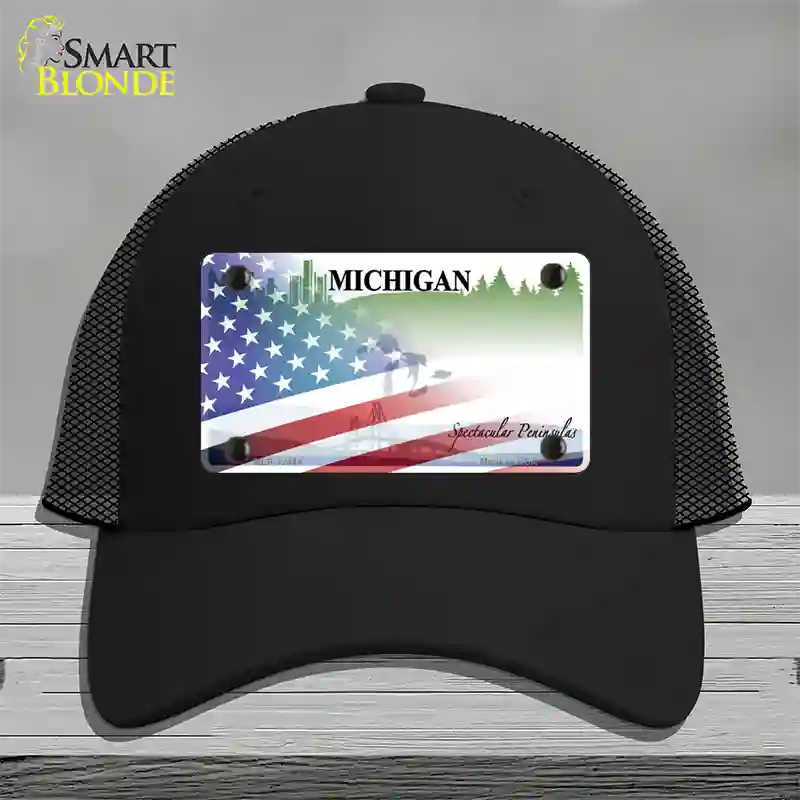 Michigan Peninsulas Plate American Flag Novelty License Plate Hat Mesh / Black