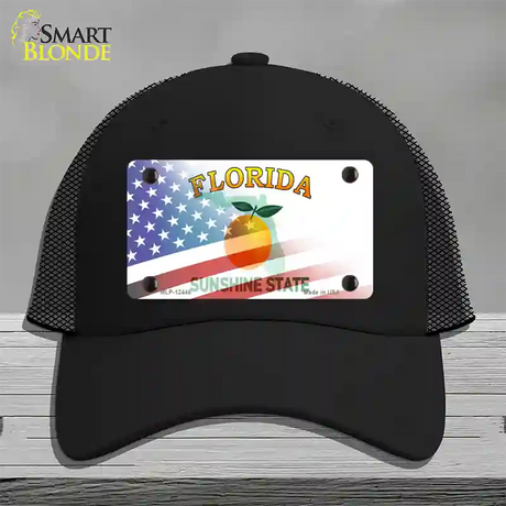 Florida Orange with American Flag Novelty License Plate Hat Mesh / Black