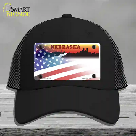 Nebraska Amber with American Flag Novelty License Plate Hat Mesh / Black