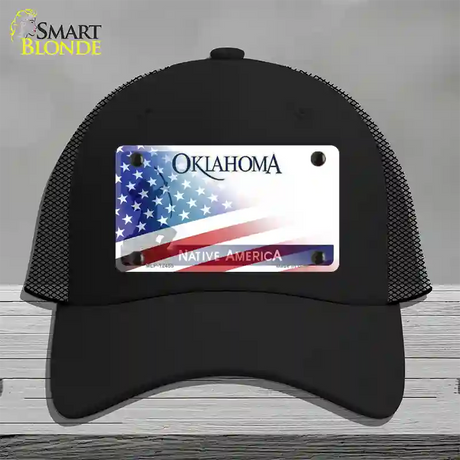 Oklahoma Bow with American Flag Novelty License Plate Hat Mesh / Black