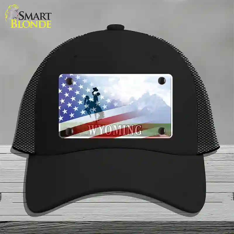 Wyoming Cowboy Plate American Flag Novelty License Plate Hat Mesh / Black