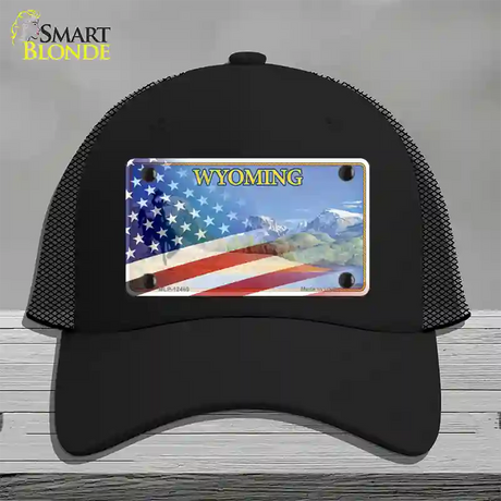 Wyoming State with American Flag Novelty License Plate Hat Mesh / Black