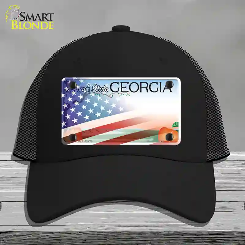 Georgia Peach with American Flag Novelty License Plate Hat Mesh / Black