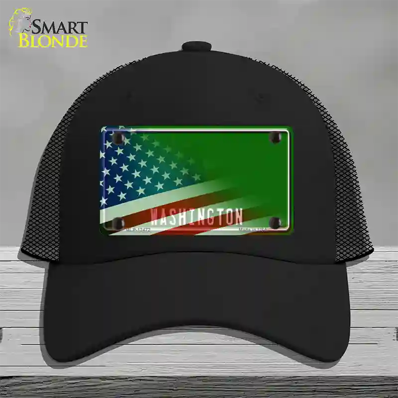 Washington Green with American Flag Novelty License Plate Hat Mesh / Black