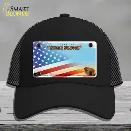 North Dakota Legendary with American Flag Novelty License Plate Hat Mesh / Black