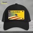 Alaska Yellow with American Flag Novelty License Plate Hat Black Mesh