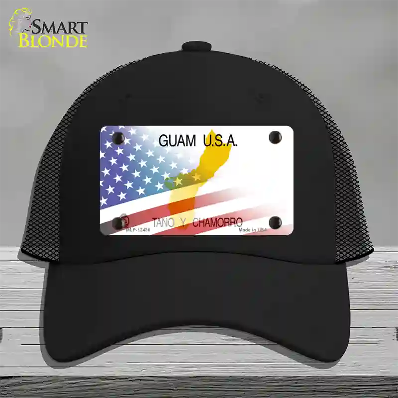 Guam with American Flag Novelty License Plate Hat Mesh / Black