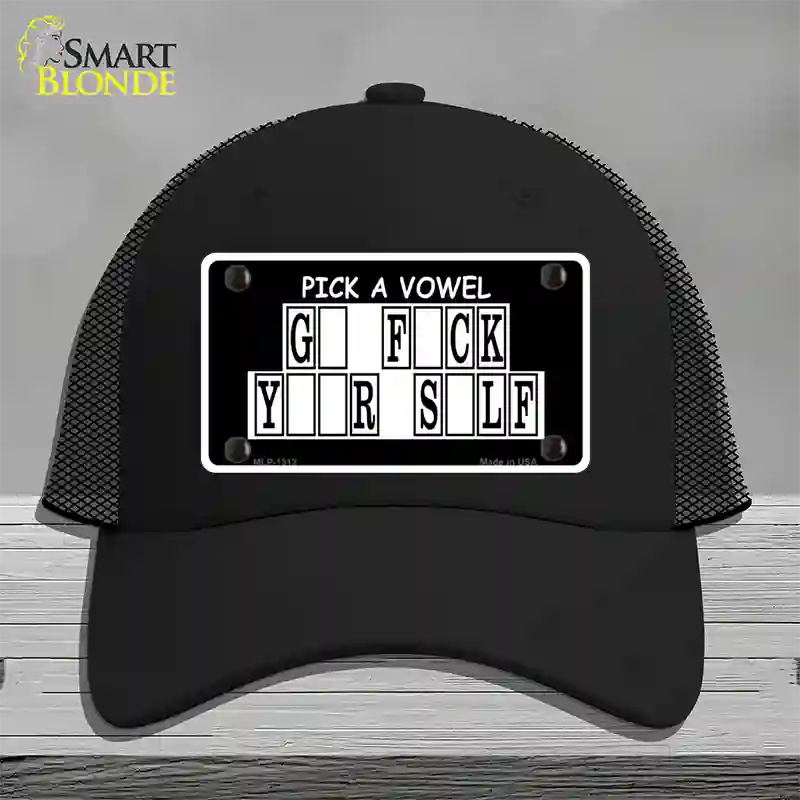 Pick A Vowel Novelty License Plate Hat Mesh / Black