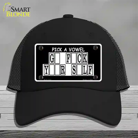 Pick A Vowel Novelty License Plate Hat Mesh / Black