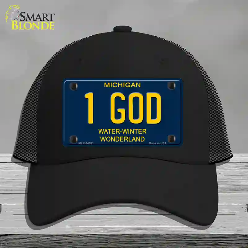 1 God Michigan Blue Novelty License Plate Hat Mesh / Black