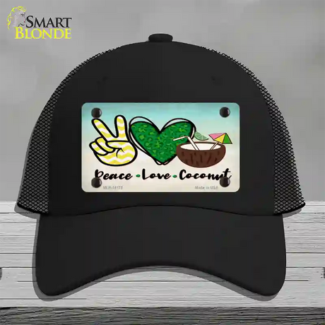 Peace Love Coconut Novelty License Plate Hat Mesh / Black