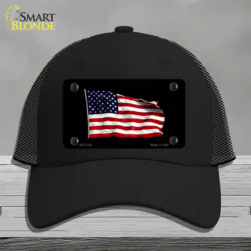 Waving American Flag Black Novelty License Plate Hat Mesh / Black