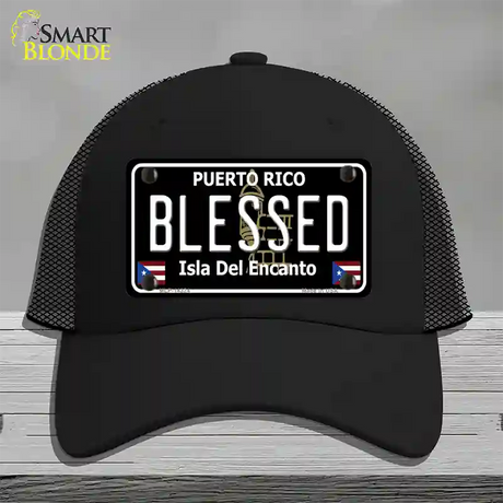 Blessed Puerto Rico Black Novelty License Plate Hat Mesh / Black