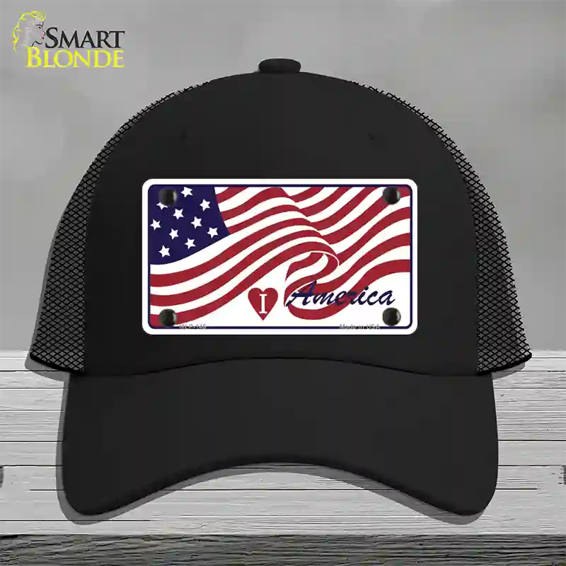 I Love America Flag Novelty License Plate Hat Mesh / Black