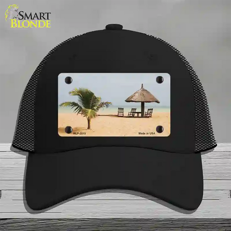 Tropical Beach Setting Novelty License Plate Hat Mesh / Black