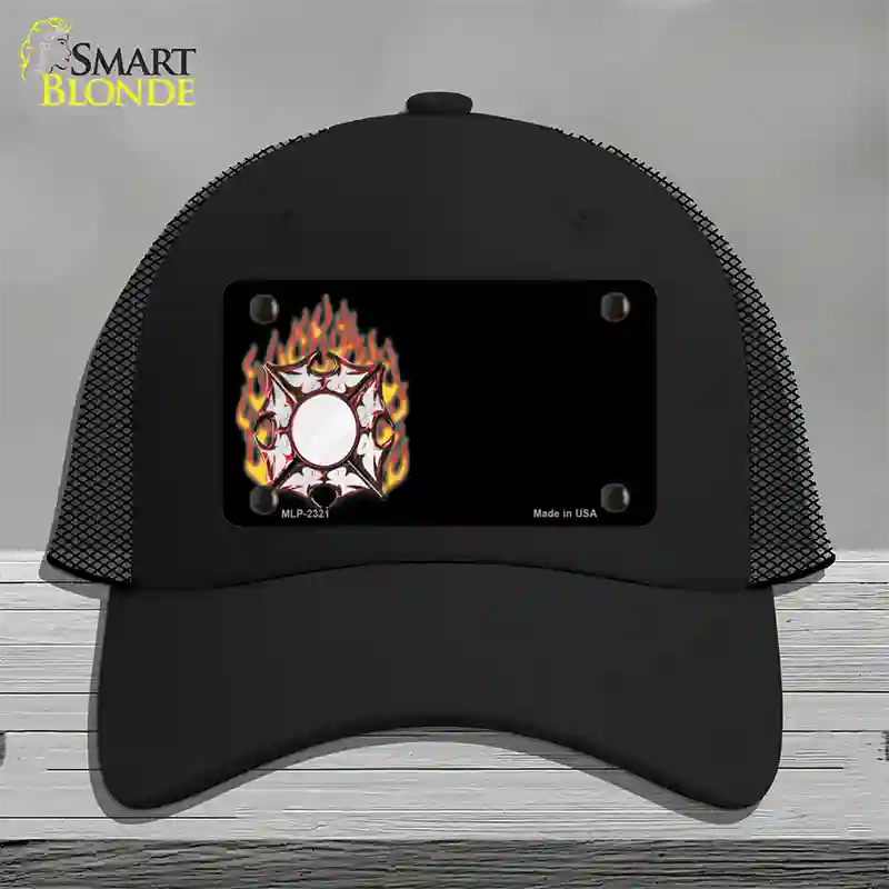 Fire Cross Offset Flat Novelty License Plate Hat Mesh / Black