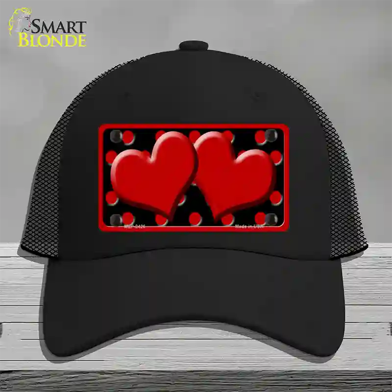 Red Black Polka Dot Red Center Hearts Novelty License Plate Hat Mesh / Black