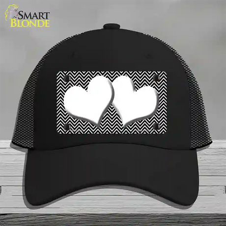 Black White Chevron White Center Hearts Novelty License Plate Hat Mesh / Black