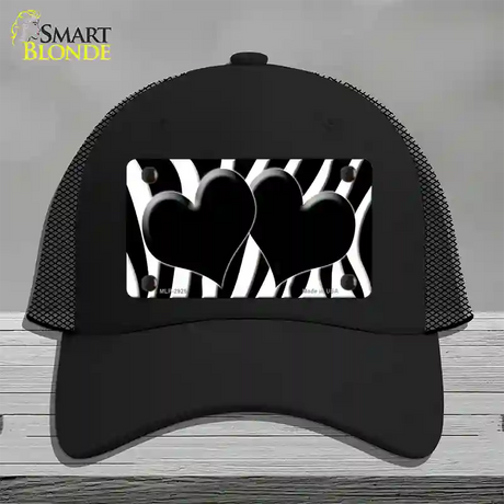 Black White Zebra Black Centered Hearts Novelty License Plate Hat Mesh / Black