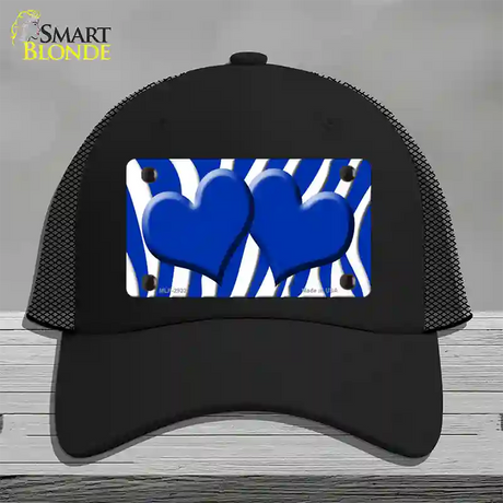 Blue White Zebra Blue Centered Hearts Novelty License Plate Hat Mesh / Black