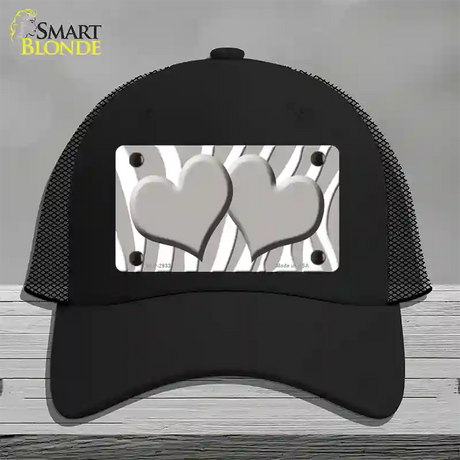 Grey White Zebra Blue Centered Hearts Novelty License Plate Hat Mesh / Black