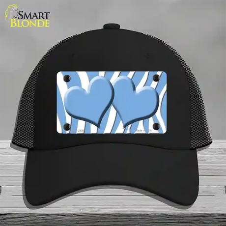 Light Blue White Zebra Light Blue Centered Hearts Novelty License Plate Hat Mesh / Black