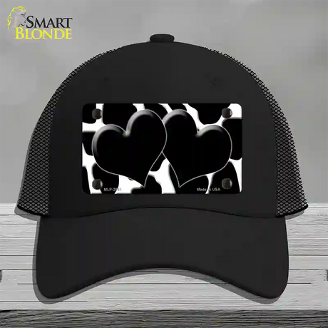 Black White Giraffe Black Centered Hearts Novelty License Plate Hat Mesh / Black