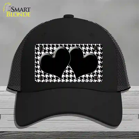 White Black Houndstooth Black Center Hearts Novelty License Plate Hat Mesh / Black