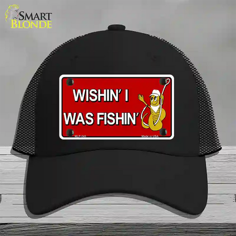 Wishin I Was Fishin Red Novelty License Plate Hat Mesh / Black