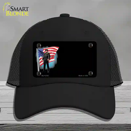 Police Officer American Flag Offset Novelty License Plate Hat Mesh / Black