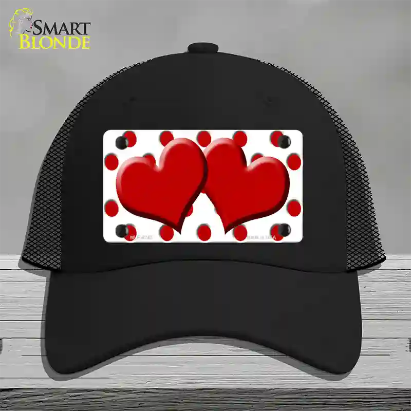 Red White Polka Dot Red Centered Hearts Novelty License Plate Hat Mesh / Black