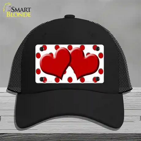 Red White Polka Dot Red Centered Hearts Novelty License Plate Hat Mesh / Black