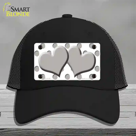 Grey White Polka Dot Grey Centered Hearts Novelty License Plate Hat Mesh / Black