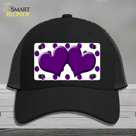 Purple White Polka Dot Purple Centered Hearts Novelty License Plate Hat Mesh / Black