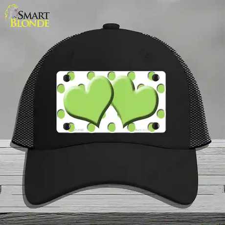 Lime Green White Polka Dot Lime Green Centered Hearts Novelty License Plate Hat Mesh / Black