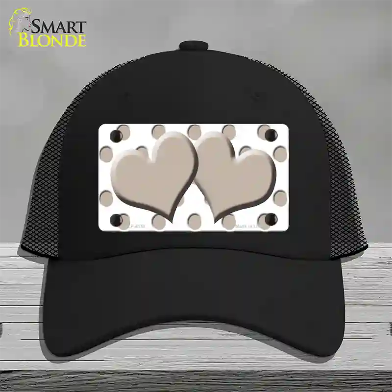 Tan White Polka Dot Tan Centered Hearts Novelty License Plate Hat Mesh / Black