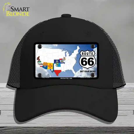 Route 66 8 Flags Clouds Novelty License Plate Hat Mesh / Black