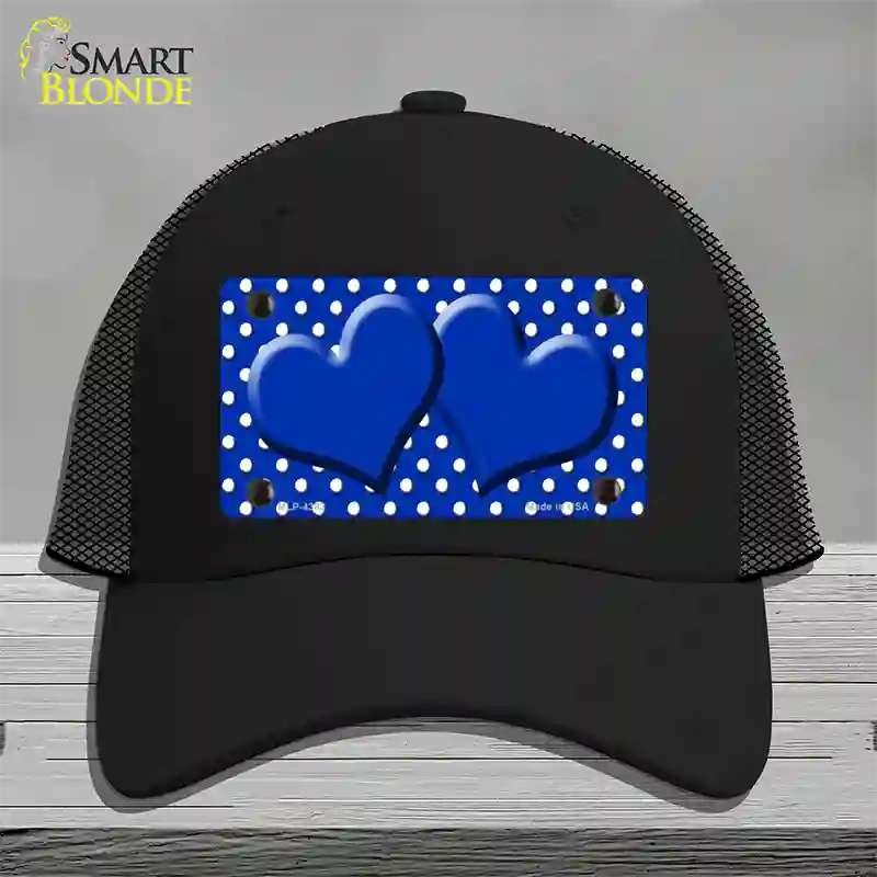 Blue White Polka Dot Center Hearts Novelty License Plate Hat Mesh / Black