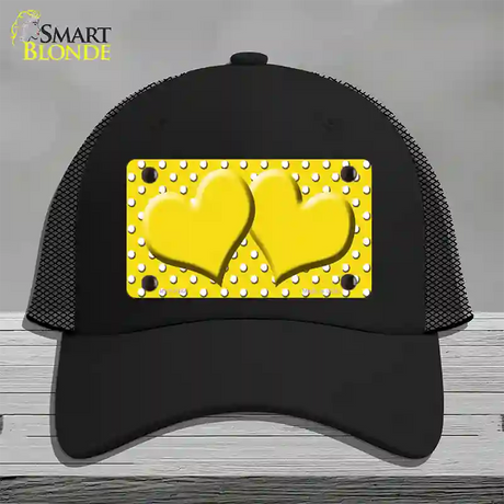 Yellow White Polka Dot Center Hearts Novelty License Plate Hat Mesh / Black