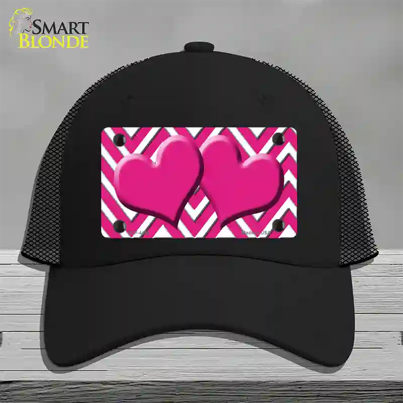 Pink White Large Chevron Hot Pink Center Hearts Novelty License Plate Hat Mesh / Black