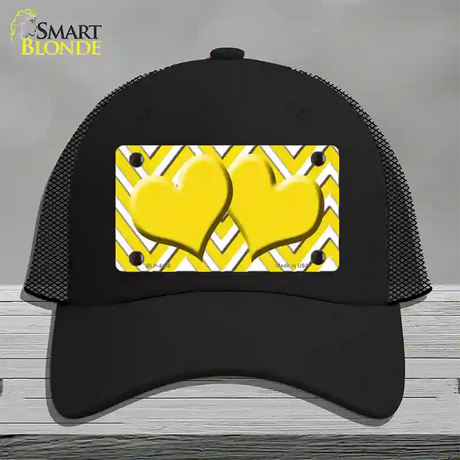 Yellow White Large Chevron Yellow Center Hearts Novelty License Plate Hat Mesh / Black